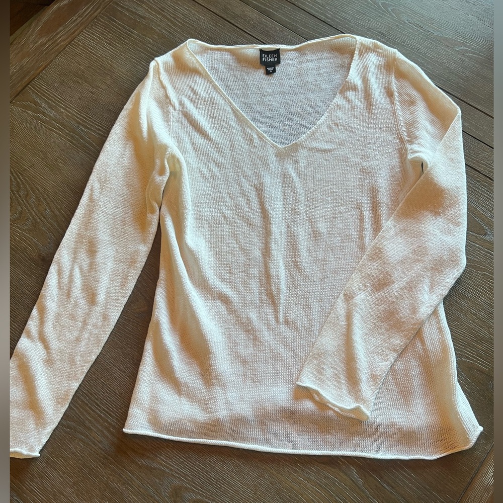 Eileen Fisher- White Loose Knit V Neck 100% Linen Coastal Sweater Size Small